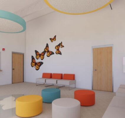 Architectural rendering of the Mulberry Community Academy's interior, featuring seating areas and butterfly wall art for a welcoming environment.